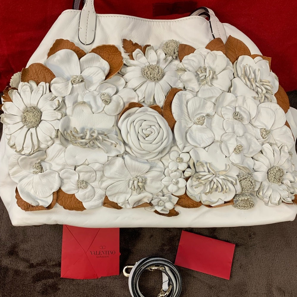 Valentino Garavani White Leather Floral Appliqué Tote with Brown Leaf Accents